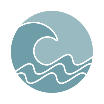 Round, blue icon depicting a wave