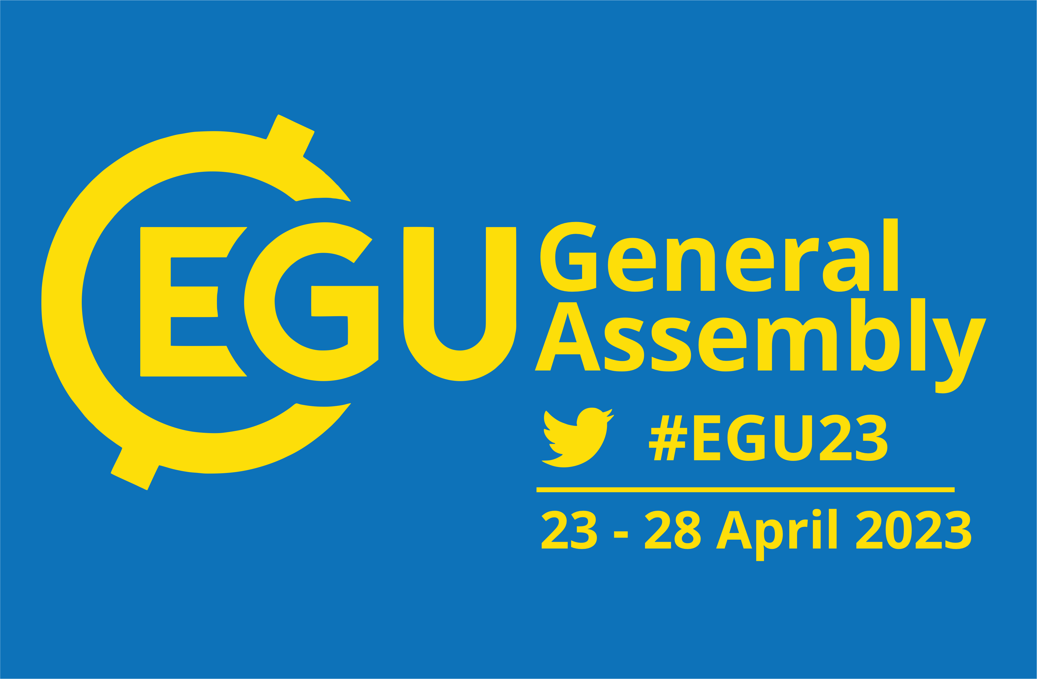 Blue background. Yellow text reads"EGU General Assembly #EGU23 23-28 April 2023"