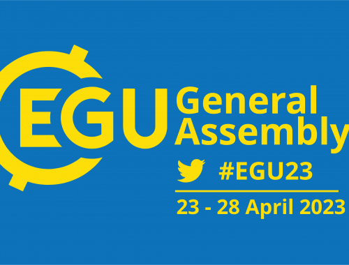 Blue background. Yellow text reads"EGU General Assembly #EGU23 23-28 April 2023"