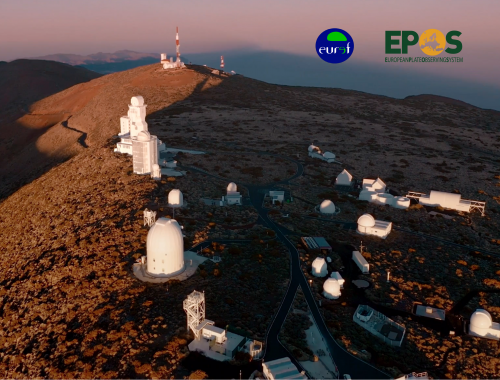 Aerial image of ground stations on top of a mountain. EUREF and EPOS logos on the right corner